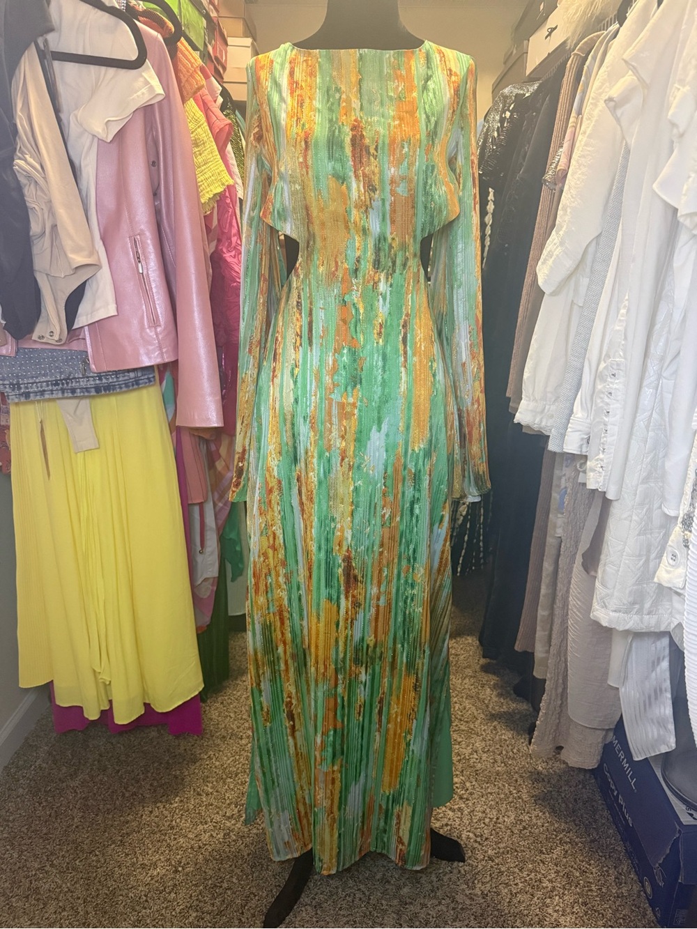 Nasty Gal Green, Gold & Orange Abstract Print Maxi Dress